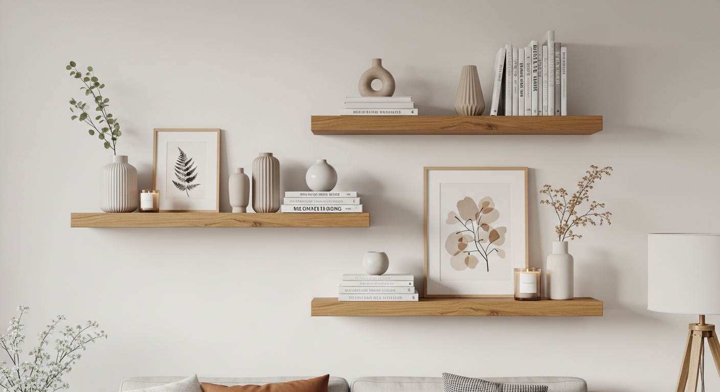 Add Warmth with Floating Wooden Shelves